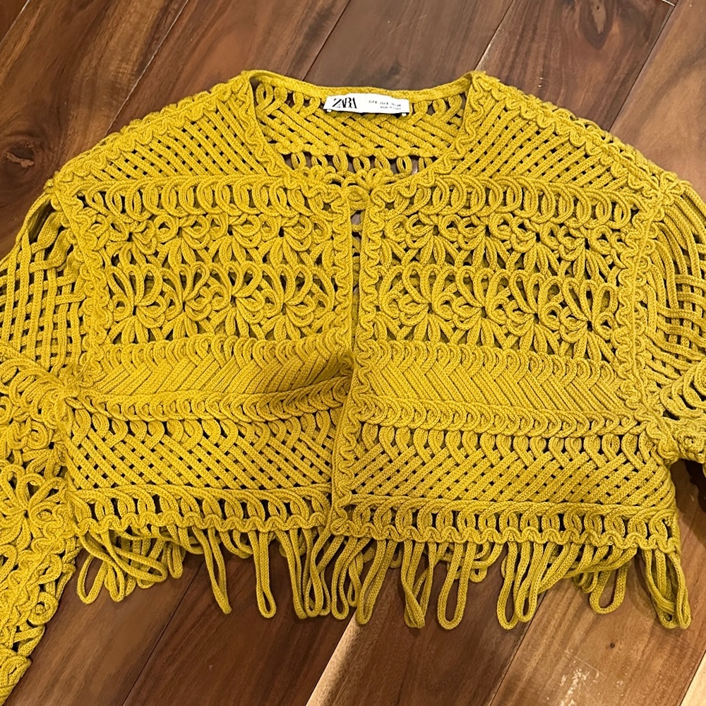 Zara Mustard Crochet Fringe Top